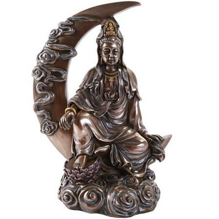 Bronze Statue Figure - Bronze Kuan Yin Kwan Ying Statue Figure Deity Chinese Goddess of Compassion on Crescent Moon