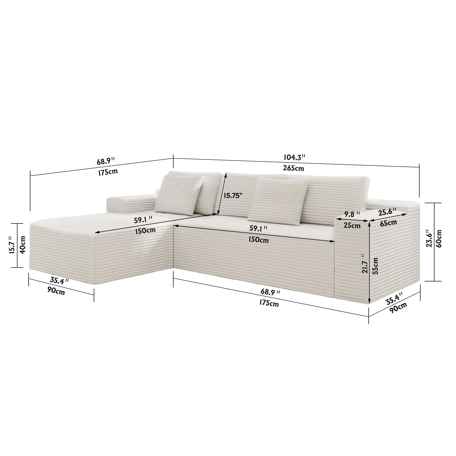 Aukfa 104" Modular Cloud Sectional Sofa with Left-Facing Chaise, Plush Corduroy Upholstered Deep Seat Couch, No Assembly Required for Living Room/Bedroom/Apartment, White