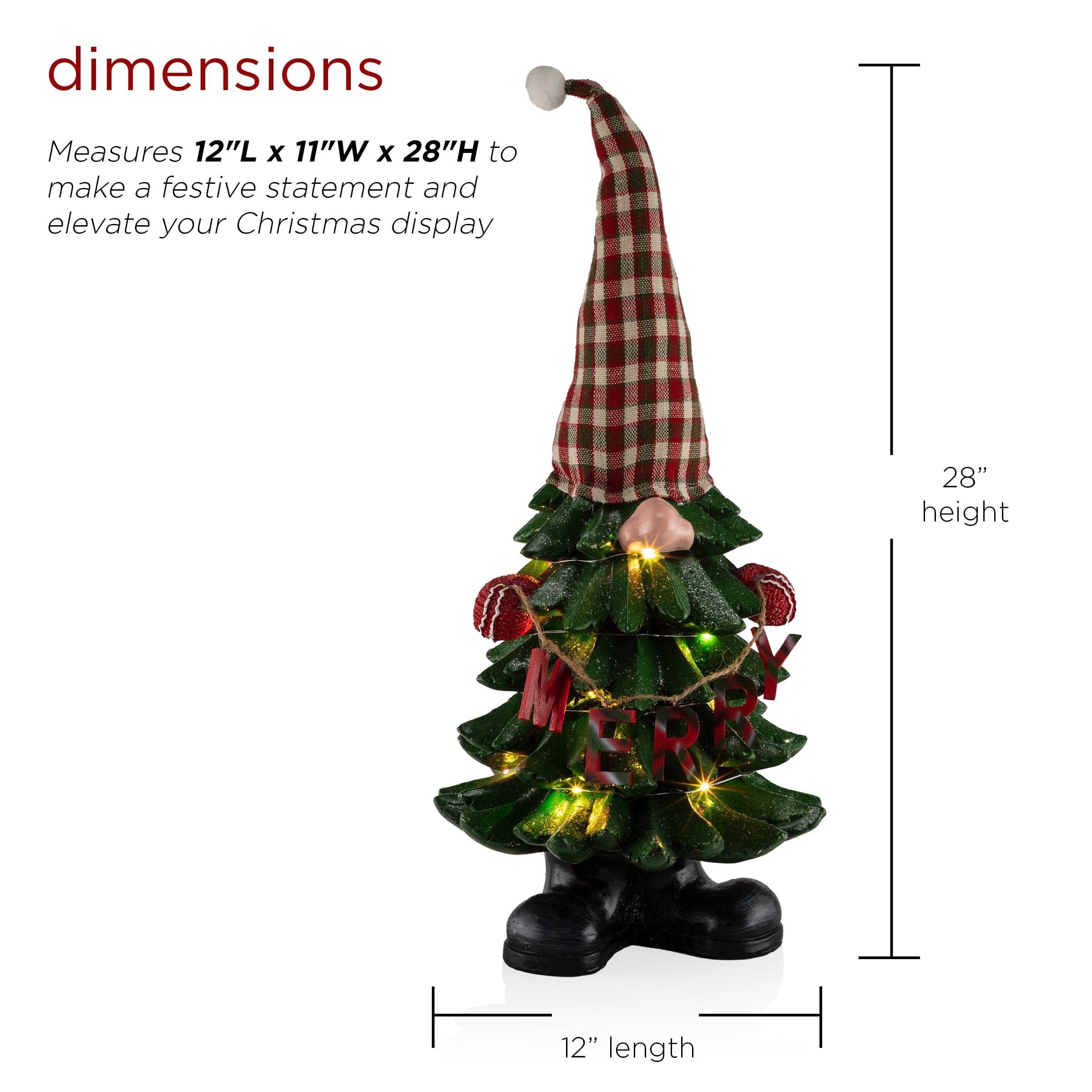 Alpine LED Multicolored Gnome Christmas Merry Tree Figurine 28 in.
