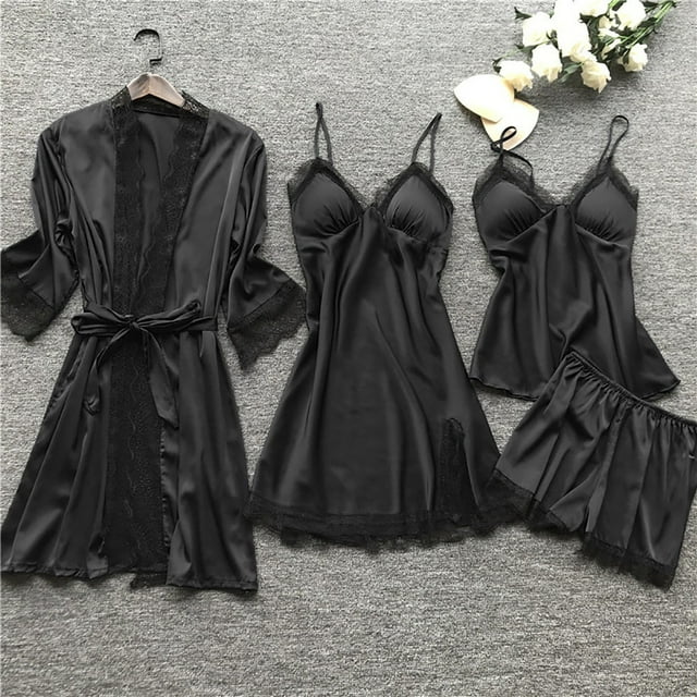 Pijamas sexys para mujer, conjunto de cuatro piezas, pijamas con tirantes estilo coreano, ropa de casa para mujer con camisón con almohadilla para el pecho