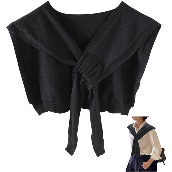 Black Knitted Sweater Shawl Wraps 2025 Fashion Solid Color Casual Travel Scarf Cape Collar Short Thin Decorarive Knotted Tie Up Shawls