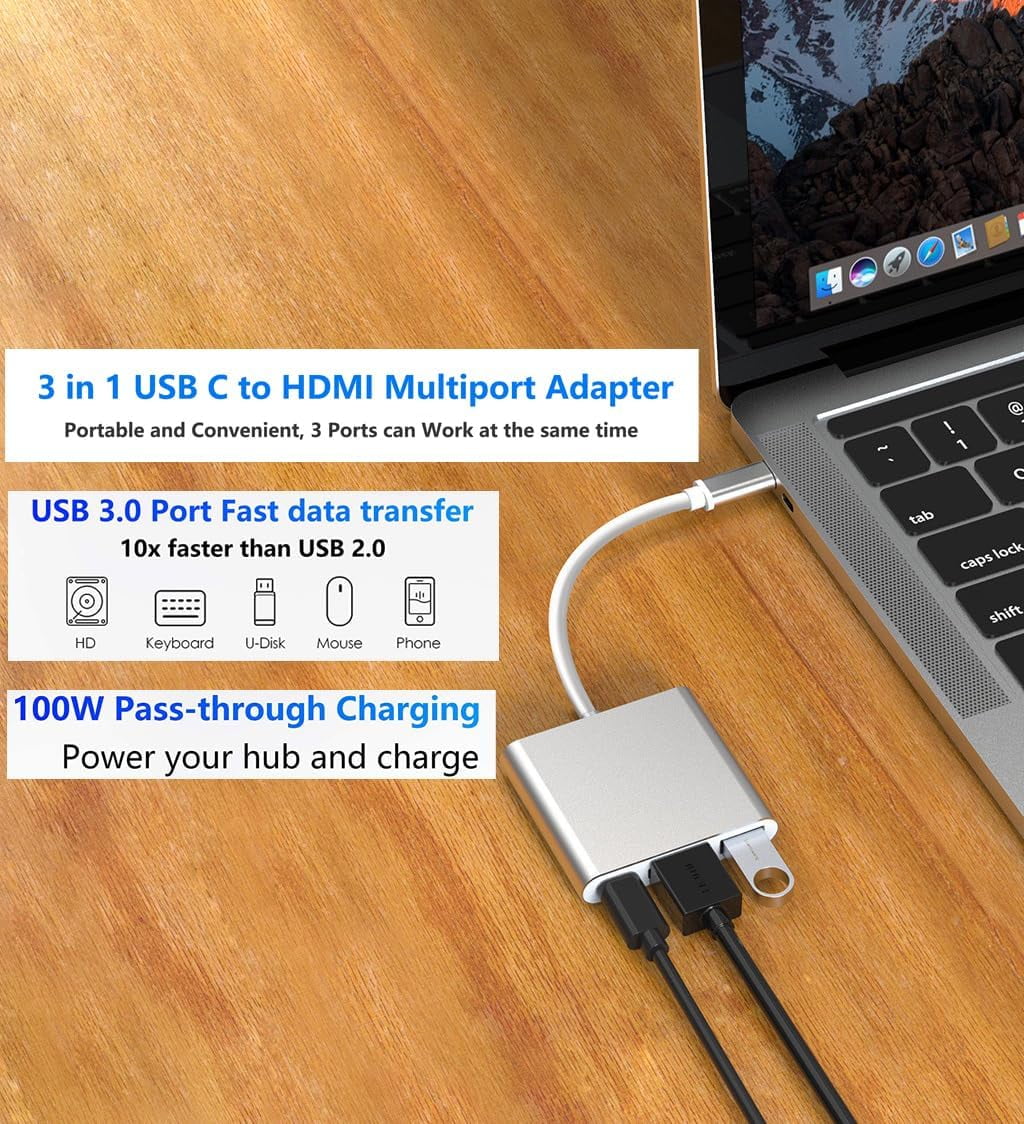 REQO USB-C Digital AV Multiport Adapter, Digital AV Dongle with HDMI 4K@60Hz & USB-A 3.0 & 100W Charge for iPhone 15, MacBook Pro Air M1 M2 M3, iPad Pro, iMac, Samsung S24 and More