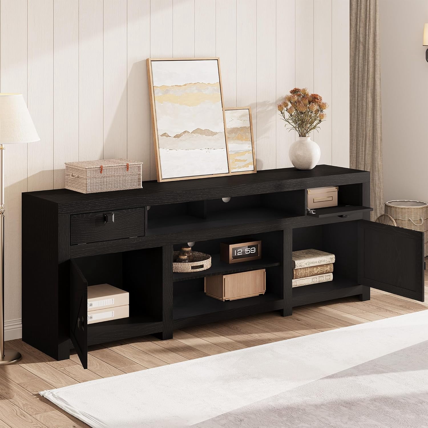 Garvee Farmhouse Wooden TV Stand for 75 Inch TV, 70" Long Entertainment Center with 4 Door and 2 Open Storage Spaces, Rustic TV Stand for Living Room, Bedroom