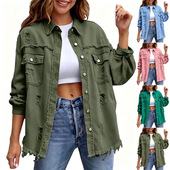 Tqcoqu Women's Distressed Denim Jacket,Long Sleeve Button Down Shacket Ripped Fringe Hem Jeans Coat,2026 Fall Winter Trendy Clothes,Army Green Women's S-XXL