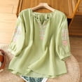 thumbnail image 2 of Cmfcve Tops for Women 2026 Cotton Linen T Shirts Retro Plus Size 3/4 Sleeve V Neck Embroidered Blouse, 2 of 5