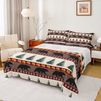 Manfei Teens Wildlife Bear Twin Sheet Sets, Farmhouse Animal Twin Fitted Sheet, Rustic Aztec Countryside Flat Sheet, Luxury Bedroom Decor, 3 Pieces