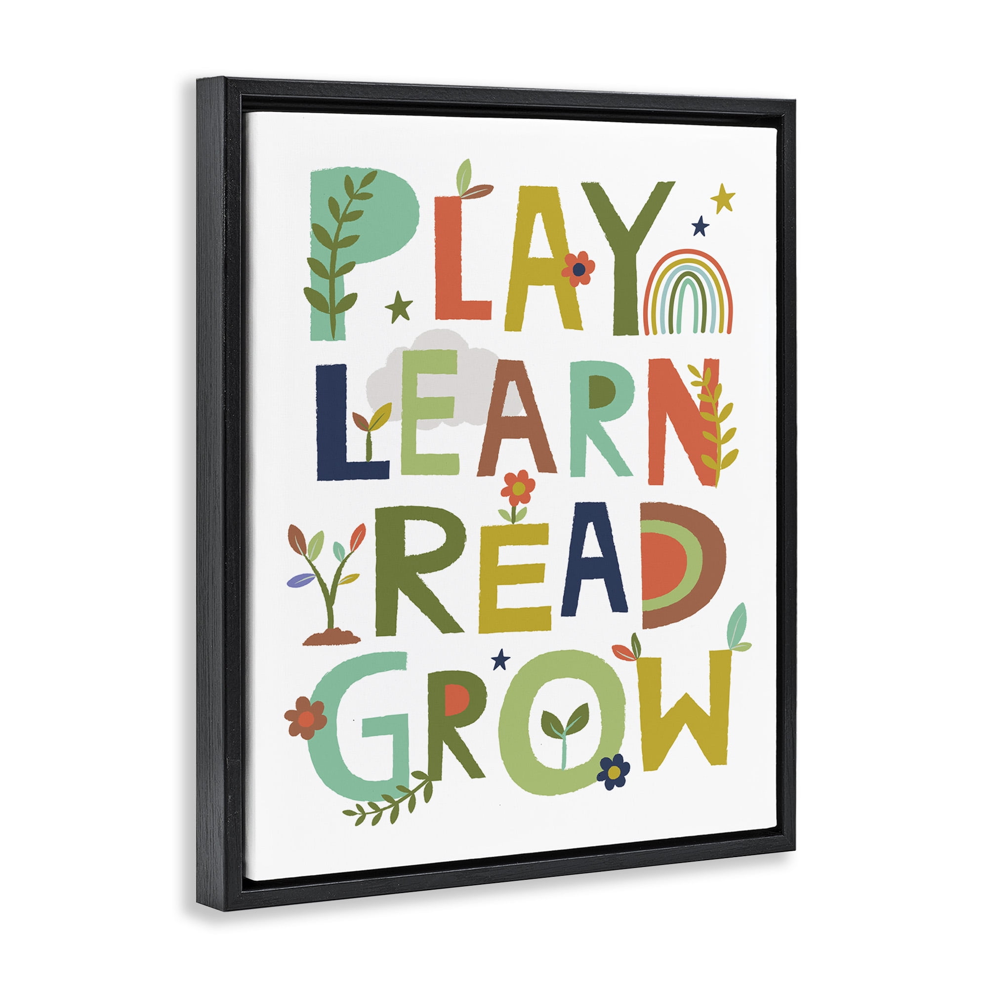 Stupell Industries Play Learn Read Grow Typography Literature & Flim Painting Black Floater Framed Canvas Art Print Wall Art, 17 x 21
