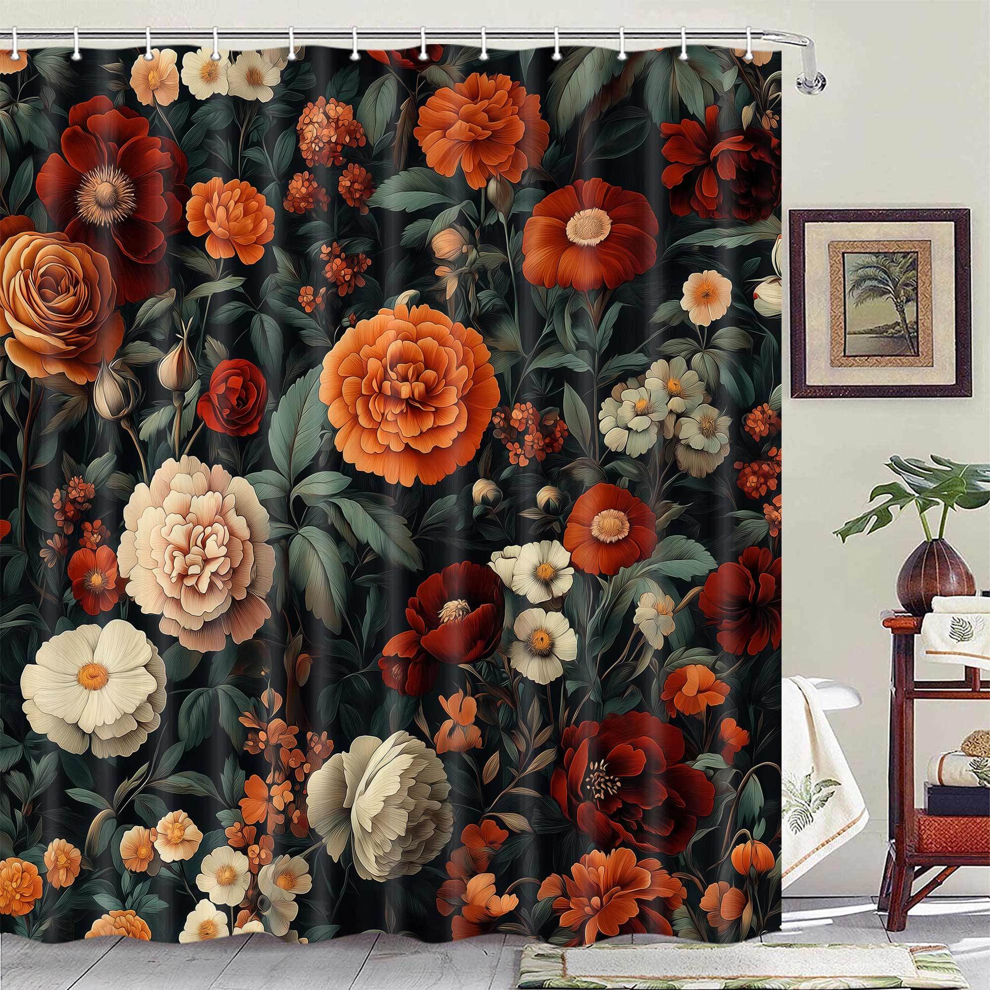 Black Boho Floral Shower Curtain, Vintage Abstract Bohemian Plant Red ...