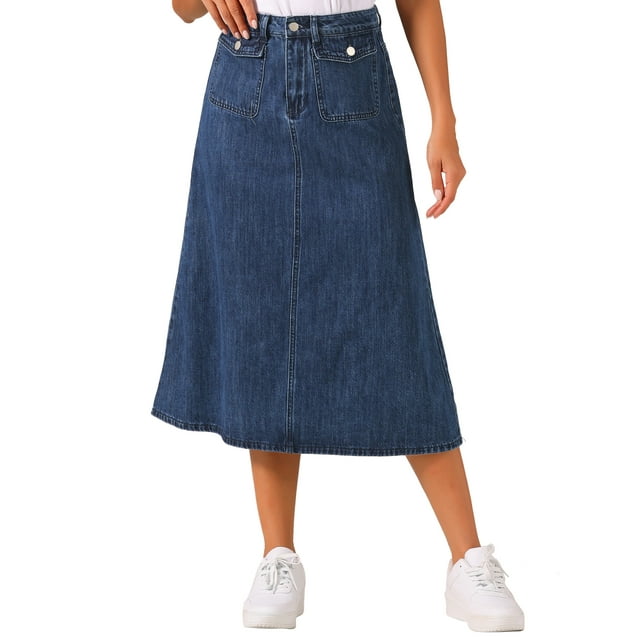 Faldas de mezclilla para mujer Inspire Chic, de cintura alta, en línea A, faldas de jean casuales con bolsillos, azul oscuro M