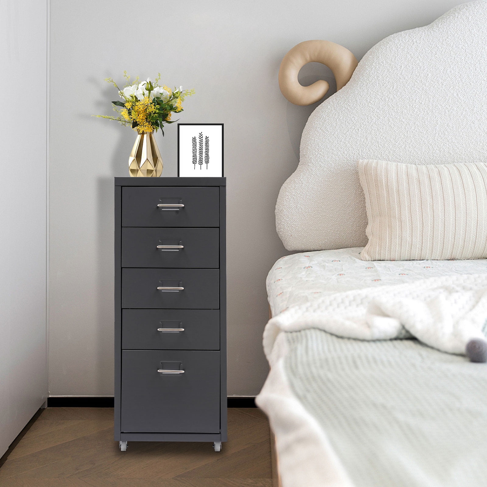 Miumaeov 5-Drawer Metal Storage Cabinet Movable File Cabinet with Wheels for Living Room Office Study  16" D x 11" W x 27" H