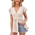 thumbnail image 1 of Camiseta con cuello en V para mujer, manga corta, patrón de puntos, cintura con volantes, cierre de botón, camiseta informal de verano, albaricoque M, 1 of 6