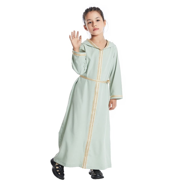 TIEVOSA Arabic Long Sleeve Kaftan Robe National Teenage Long Sleeve Embroidered Robe Set Arab Children's Wear Robe(Light Green)