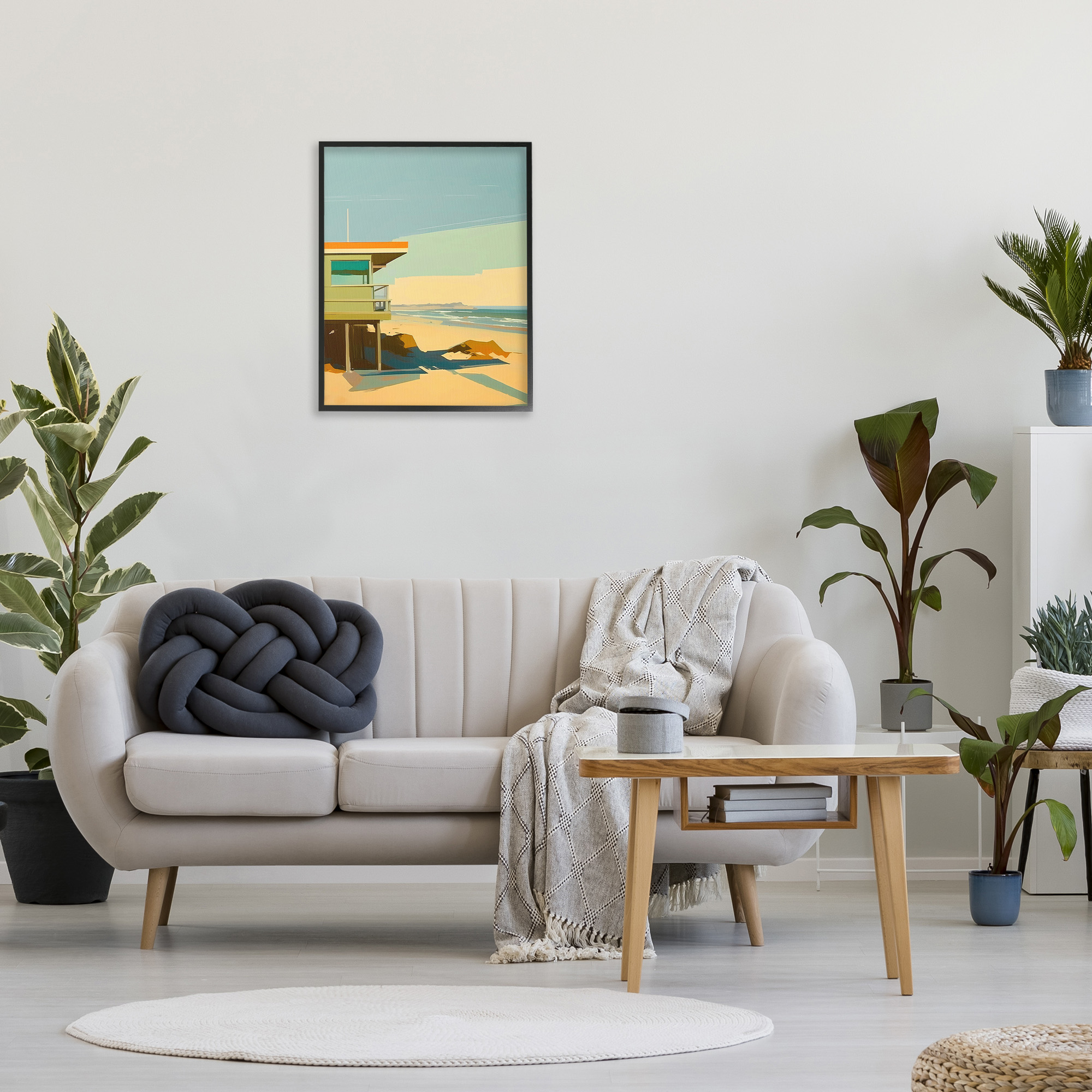 Stupell Industries Modern Sunlit Beach Hut Landscape Painting Black Framed Art Print Wall Art, 24 x 30