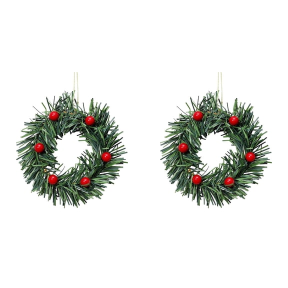 2 Pcs Christmas Wreath with 6 Red Berries, Christmas Table Centerpieces, Mini Small Christmas Wreath, Kitchen Cabinet Table Decor, Xmas Pillar Ring Holder, Christmas Hanging Decoration,Green*2