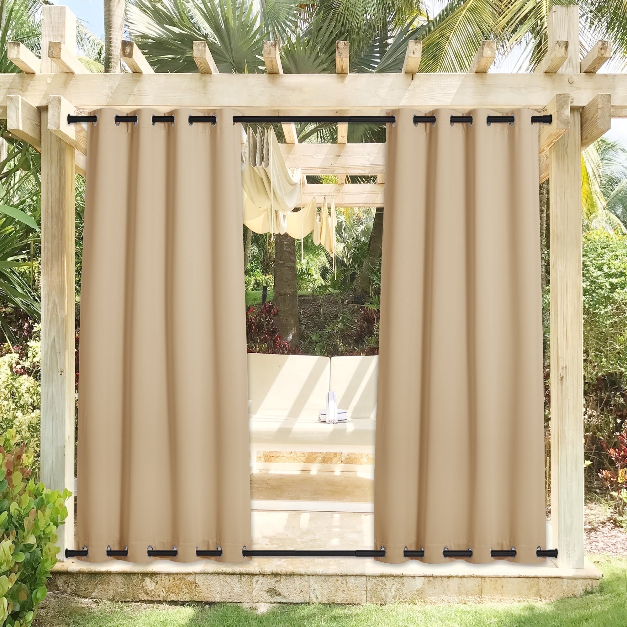 NICETOWN 2 Panels Outdoor Curtains for Patio Waterproof & Windproof, Biscotti Beige, W52 x L95, Top and Bottom Fixed Rustproof Grommets Light Block Outdoor Curtain Drape for Pool
