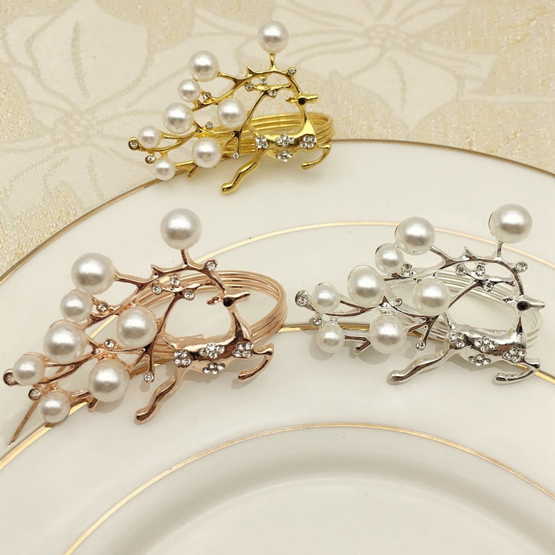 6Pcs Pearl Elk Napkin Rings Handmade Serviette Buckle Holder Wedding Dinner 