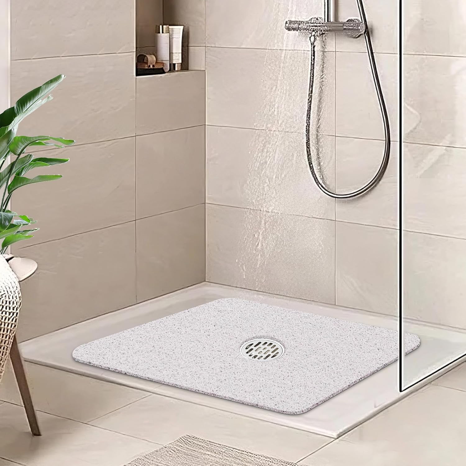 UniVerse Square Shower Mat,24 x 24 Inch Non Slip Bath Mat for Tub,Soft PVC Loofah Bathtub Mats with Drain Holes, Quick Drying Bathroom Stall Floor Mat, Bathroom Accessories Without Suction Cup, White