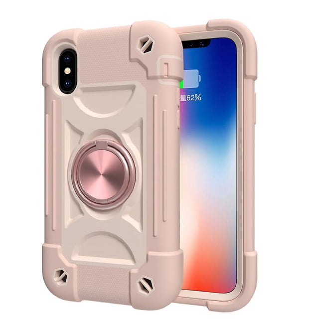 Adecuado para la carcasa del teléfono móvil Iphone X / xs / 5.8, carcasa de soporte giratorio de color de contraste, cubierta protectora de doble anillo con todo incluido (rosa) Feliz Sencillez
