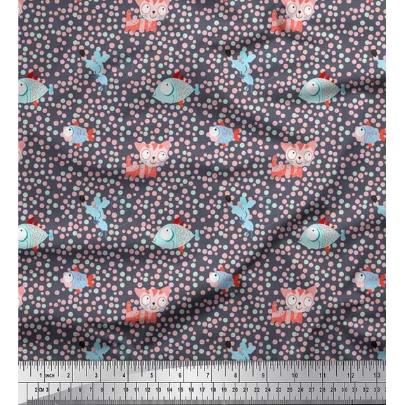 Soimoi Georgette Viscose Fabric Dot,Fish & Cat Kids Print Sewing Fabric Yard 42 Inch Wide