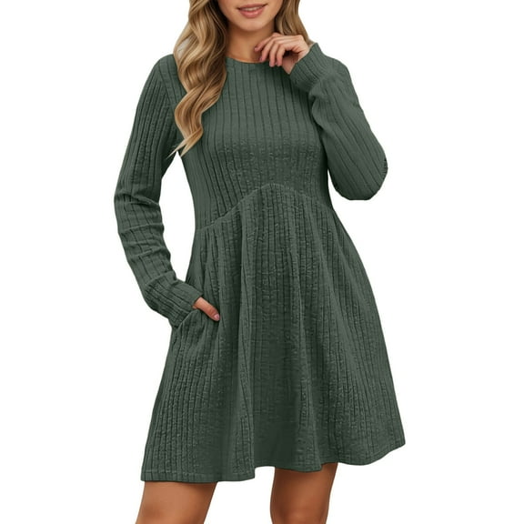 DHFJKG Sweater Dress For Women Bohemian Knit Ribbrd Solid Color Long Sleeve Round Neck Mini Dress With Pockets Versatile Dresses
