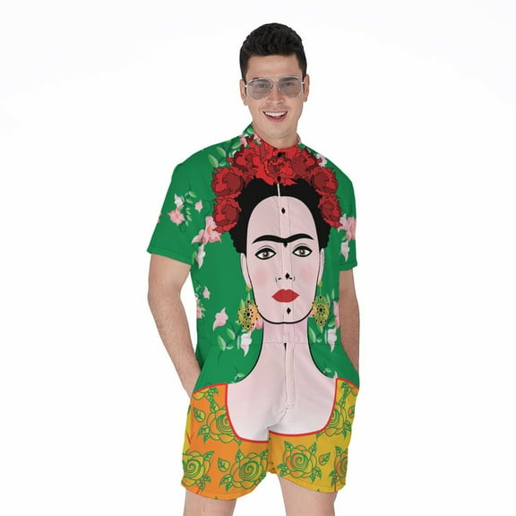 Frida Kahlo And Pink Floral Short Sleeve Men'S Rompers Casual Summer Jumpsuits Outfit