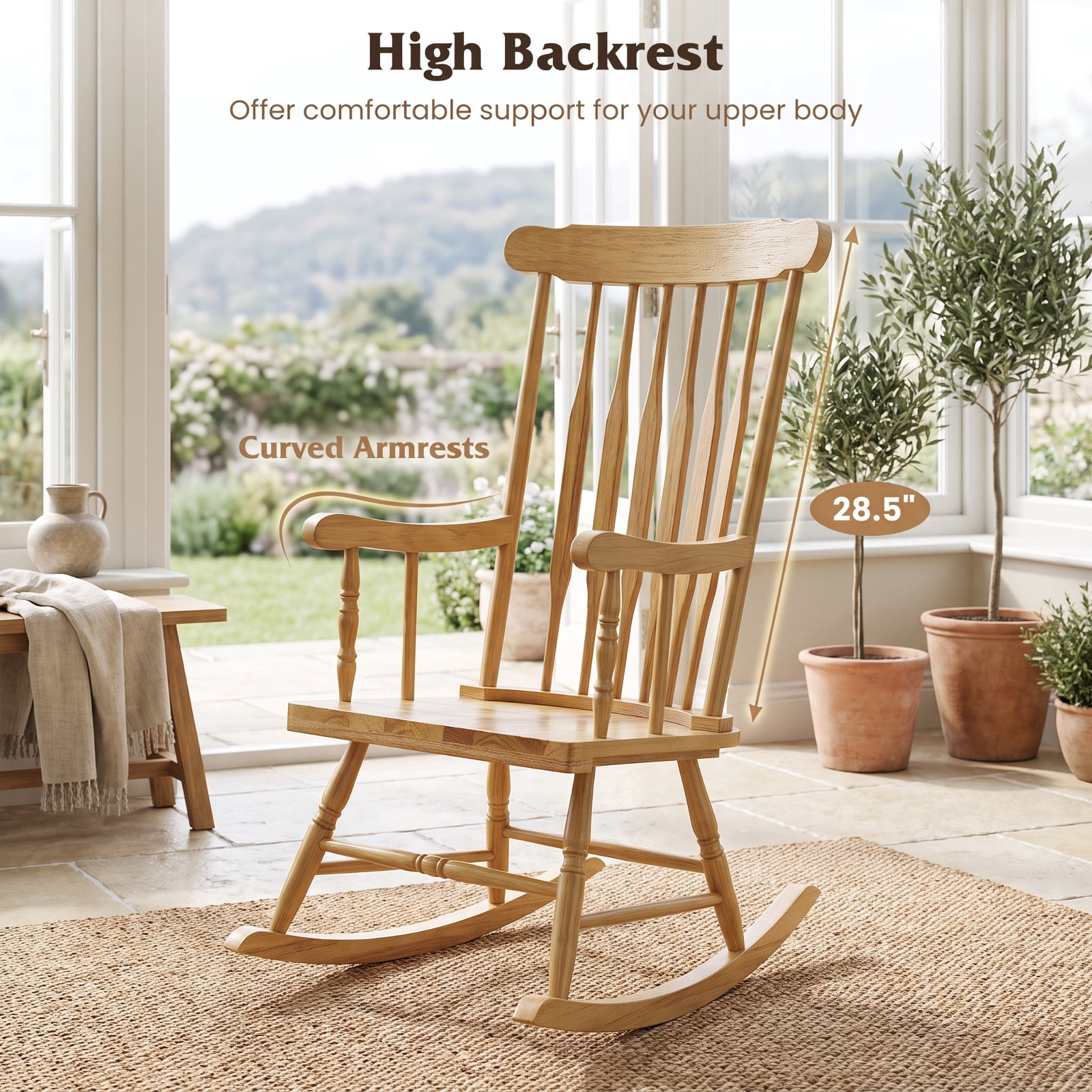 Furnibear Outdoor Rocking Chair Solid Rubber Wood for Outdoor Garden Balcony Natural 300 lbs Capacity