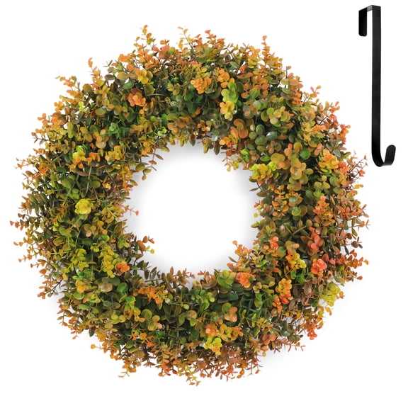 HKKDKTA 24" Fall Wreath for Front Door with Hook, Artificial Boxwood Leaves Wreaths, Autumn Farmhouse Harvest Festival Thanksgiving Day Decor