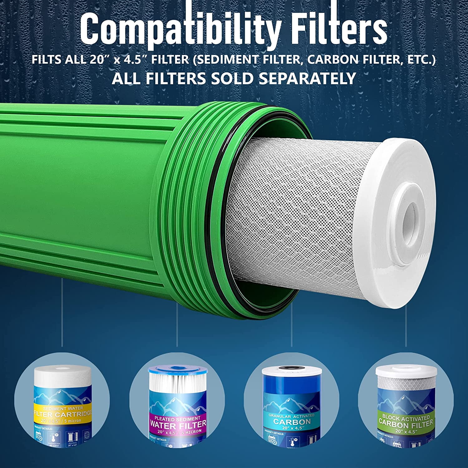 High Capacity 20 x 4.5 Whole House Filter Purifier System for Well or City Water, Presser Relief Button, 1 NPT Brass Port, Double O-ring, Meets NSF Standards & Regulations (Green, 2 Sets)