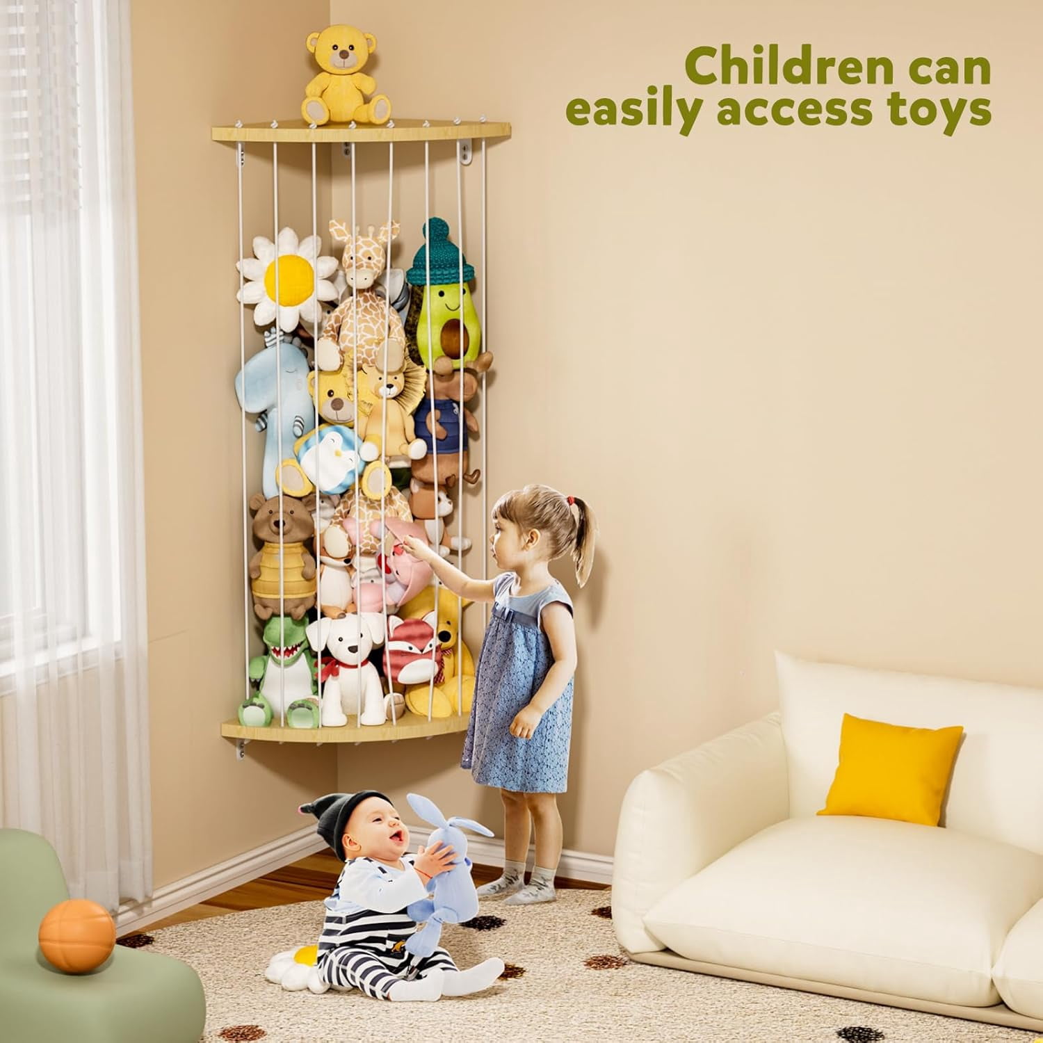 ZYHYPWW Wooden Stuffed Animal Storage Shelf, Star Pattern Adjustable Hanging Plush Toy Organizer, Corner Toy Holder for Kids Bedroom Nursery Playroom