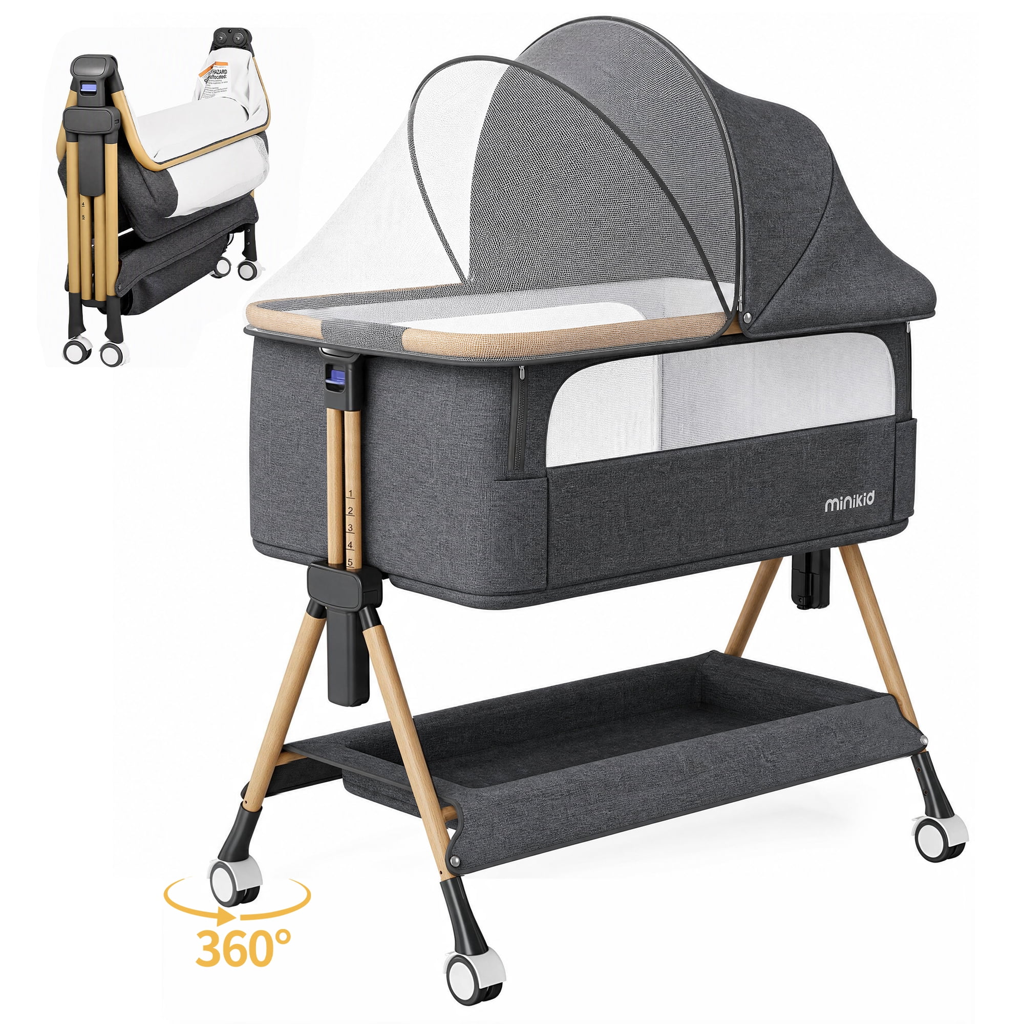 Vipuse Baby Bassinet Bedside Sleeper, Installation-Free Design, Height Adjustable, Baby Bed with One-Touch Folding for Easy Storage, Gray
