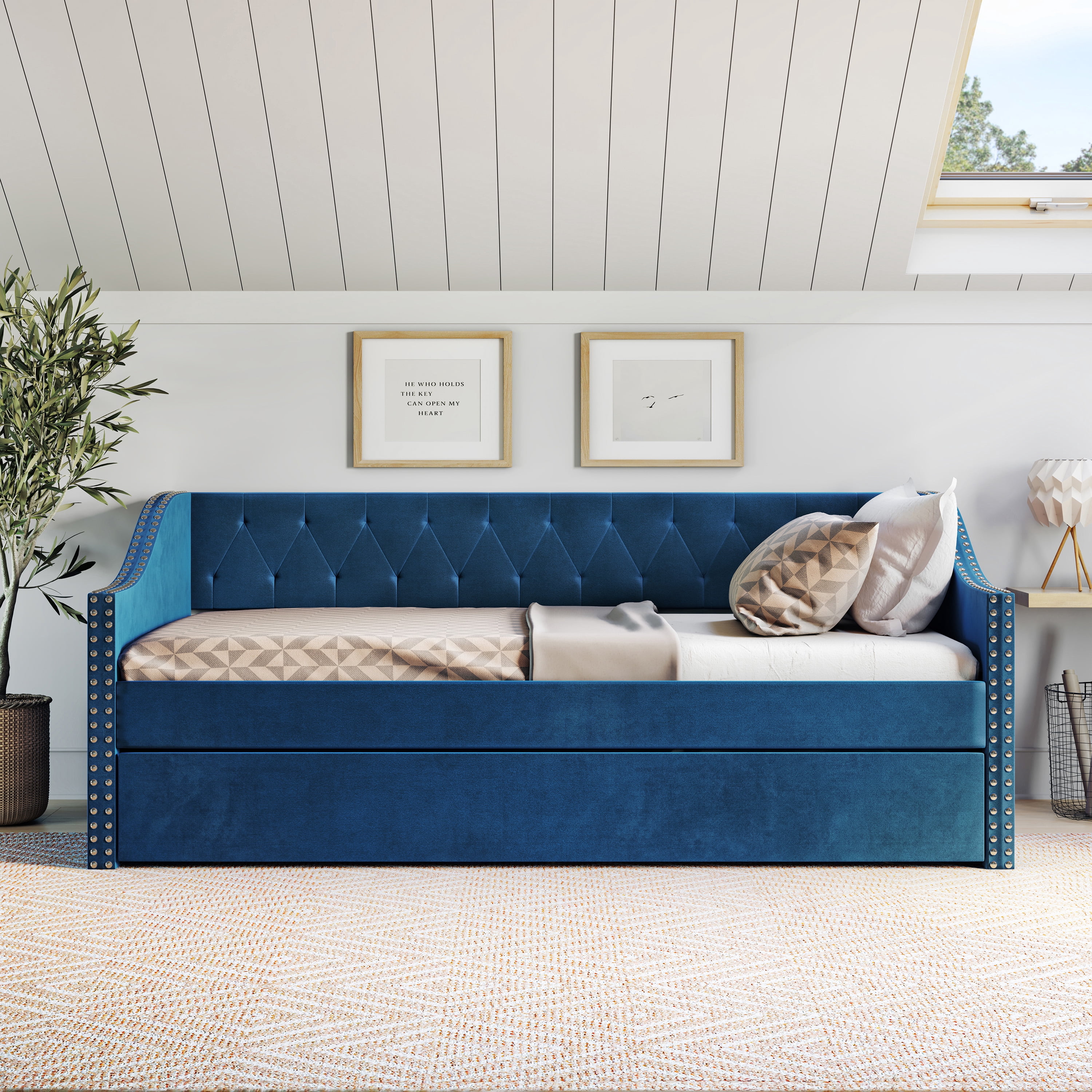 Boyd Sleep Dorset Upholstered Velour Tufted Daybed with Trundle, Twin, Blue