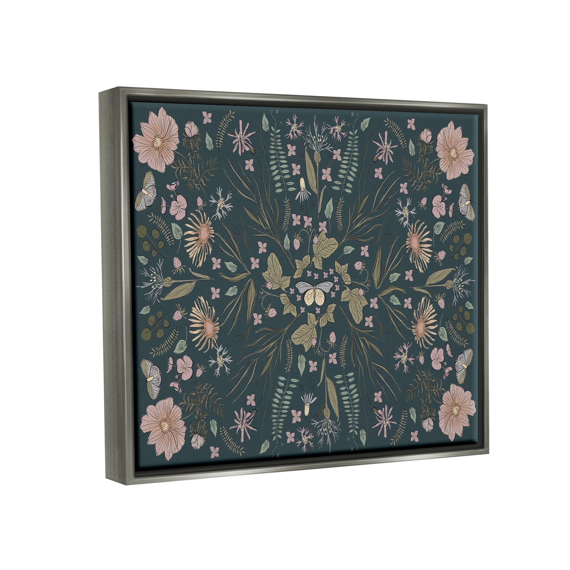 Stupell Industries Varied Floral Botanical Pattern Butterfly Insect Motif Graphic Art Luster Gray Floating Framed Canvas Print Wall Art, Design by Birgit Maria Kiennast