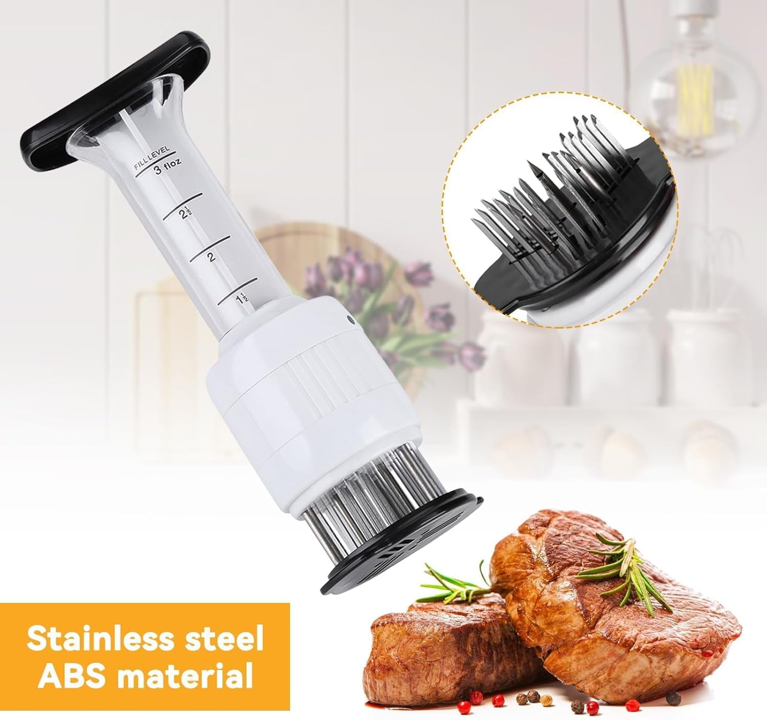 2-in-1 Meat Tenderizer with Marinade Injector, Stainless Steel Needles Flavor Marinade Meat Injector Syringe for BBQ Steak Beef Turkey Brisket Pork Kitchen Cooking Tenderizing Steak Beef Poultry