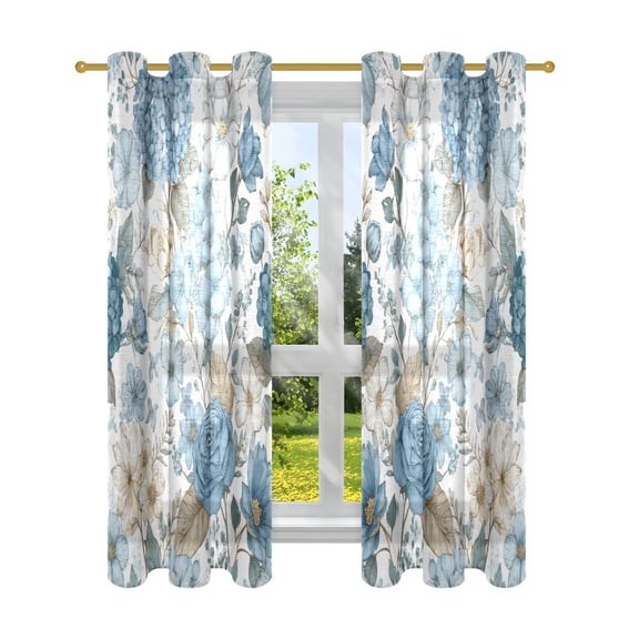 2 Panels Set Blackout Curtains Thermal Insulated Sun Protection Room Darkening Drapes for Bedroom Blue Floral Seamless Pattern