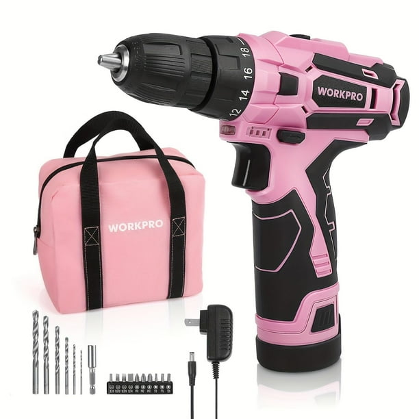 Juego de destornilladores inalámbricos WORKPRO de 12 V con cargador y bolsa, color rosa