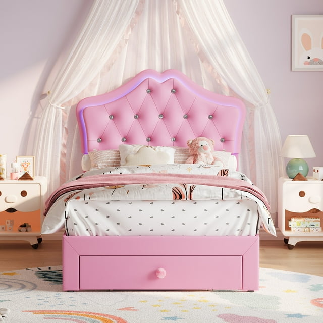 BeesClover Twin Size Princess Bed Frame with Storage Drawers & LED Lights, Upholstered Platform Beds with Velvet Crystal Button, No Box Spring Needed, Noise-Free Bed Frame for Child