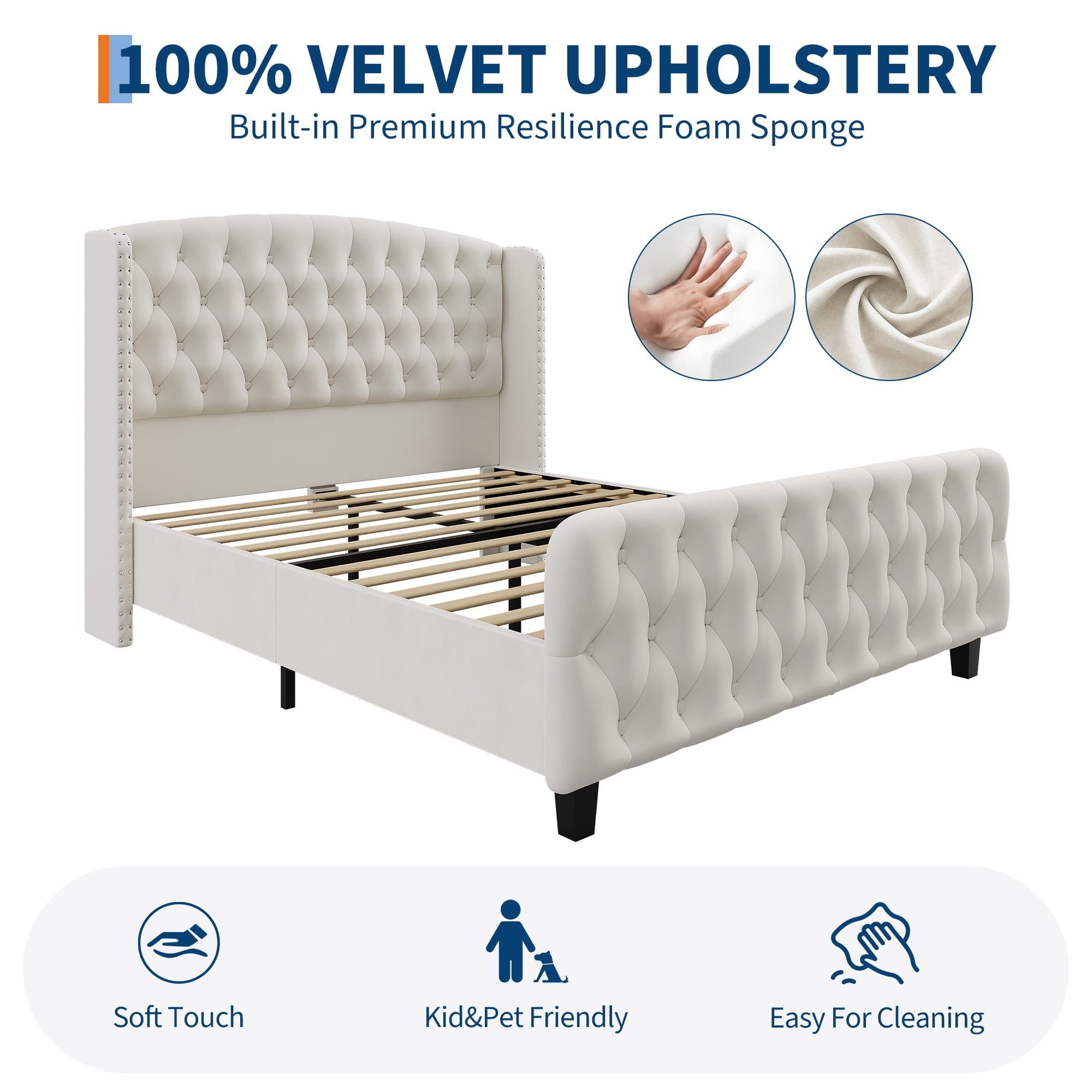 Modern Home Bedroom Queen/King Size Bed Frame 51" Tall with Velvet Upholstered Wingback Headboard & Footboard | 51-Inch Tall Deep Button Tufted Platform Bed, No Box Spring Needed