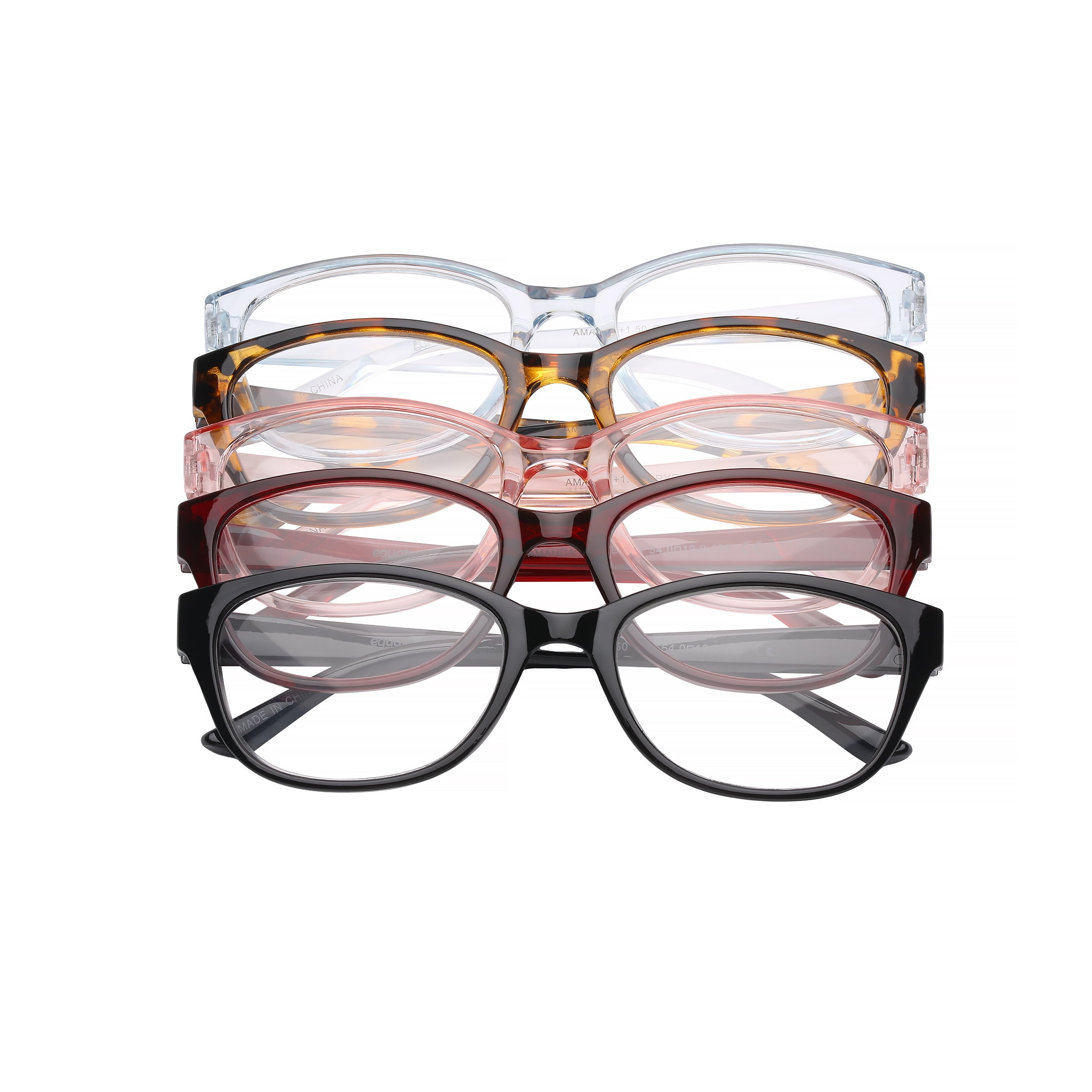 (2 pack) Equate Amanda 5-Pack Womens Plastic Reading Glasses with Case, Tortoise/Blue Crystal/Red Crystal/Black/Pink Crystal, +1.50