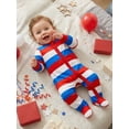 thumbnail image 5 of BemeyourBBs Newborn Baby Girl Boy 4th of July Outfit Footed Romper FootieJumpsuit Infant Baby Patriot Independent Day Clothes American Flag Stripe Print Ruffles Long Sleeve Zipper Romper Headband Set, 5 of 8