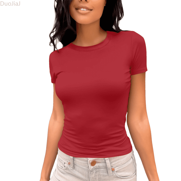 Duojiaj Crew Neck Short Sleeve T Shirt Soft Everyday Basic Top Comfortable Casual Fit Tee For Ladies Classic Versatile Wardrobe Womens T Shirts