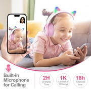 QearFun Kids Wireless Headphones, Cat Ear Headphones with LED Lights for Kids/Boys/Girls/Toddler Aged 3 up, Childrens Bluetooth Headphones Foldable with Microphone for Phone/Tablet/Laptop (Pink)