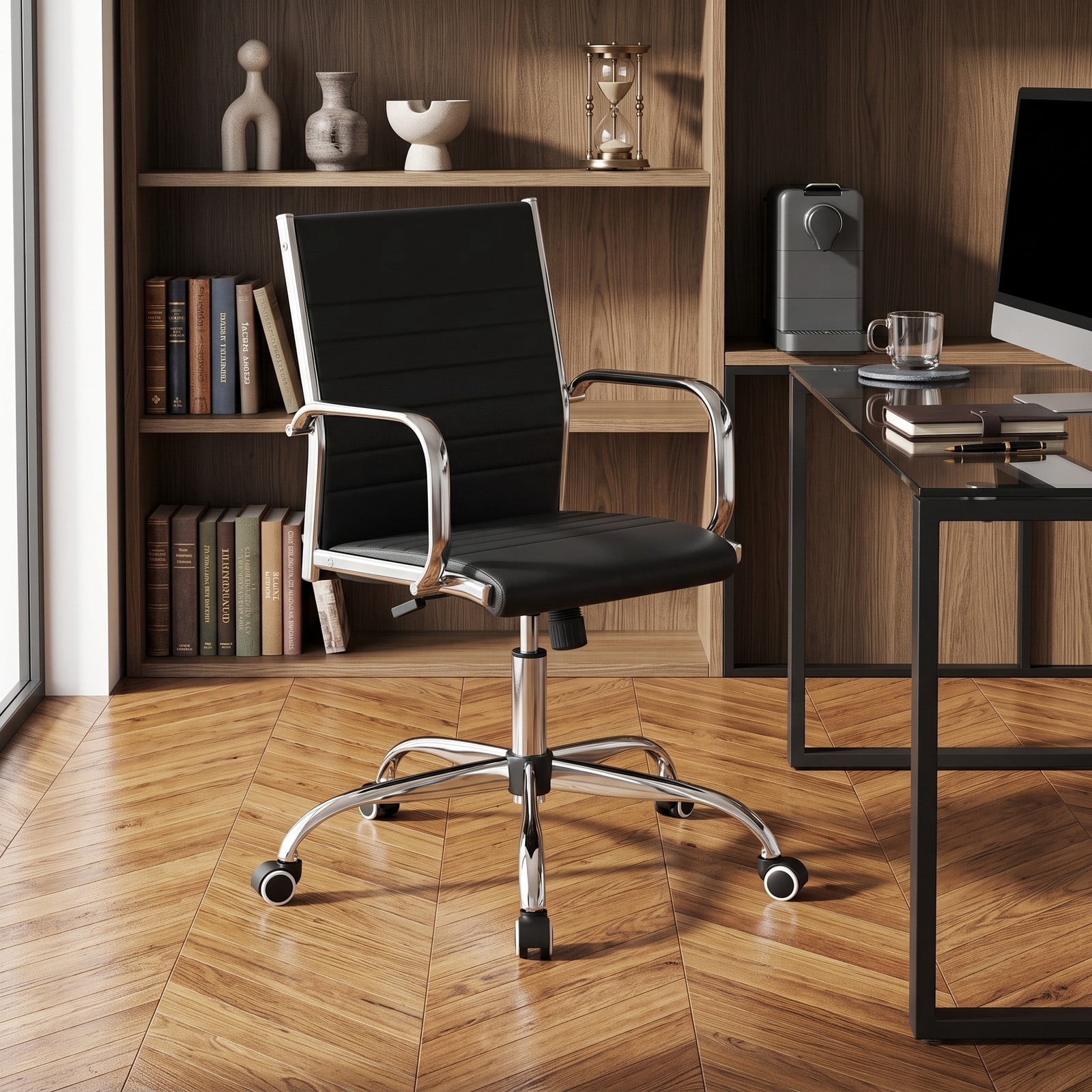 Furnibear Ergonomic Office Chair, Height Adjustable Conference Room Desk Chair with Rocking S-Shaped Backrest, 360 Degree Swivel Executive Task Chair with, Black
