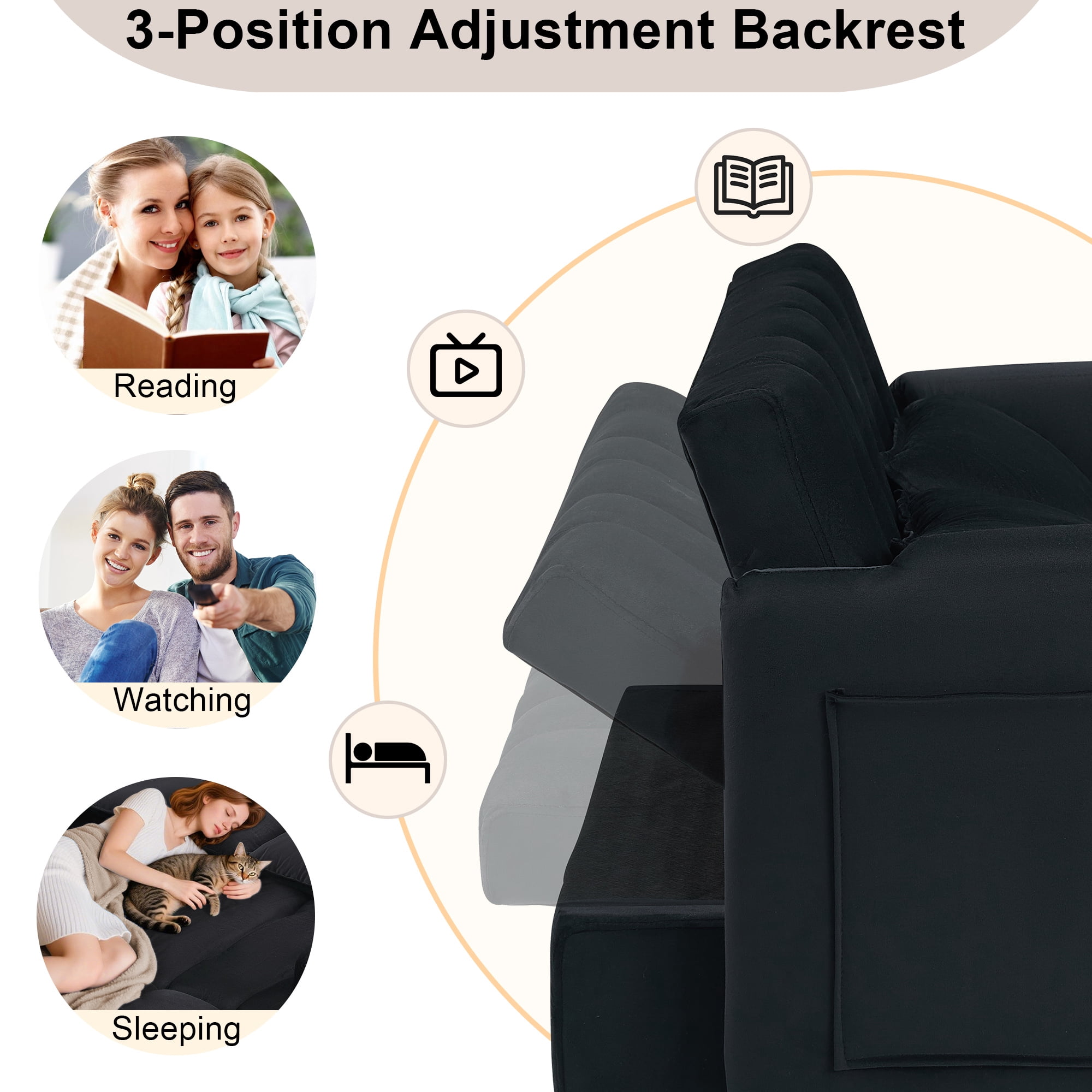 BedLuxury 53" Velvet Convertible Futon Sofa Bed, 3-in-1 Loveseat Sleeper Sofa with Pull Out Bed & Adjustable Backrest for Living Room or Office, Black