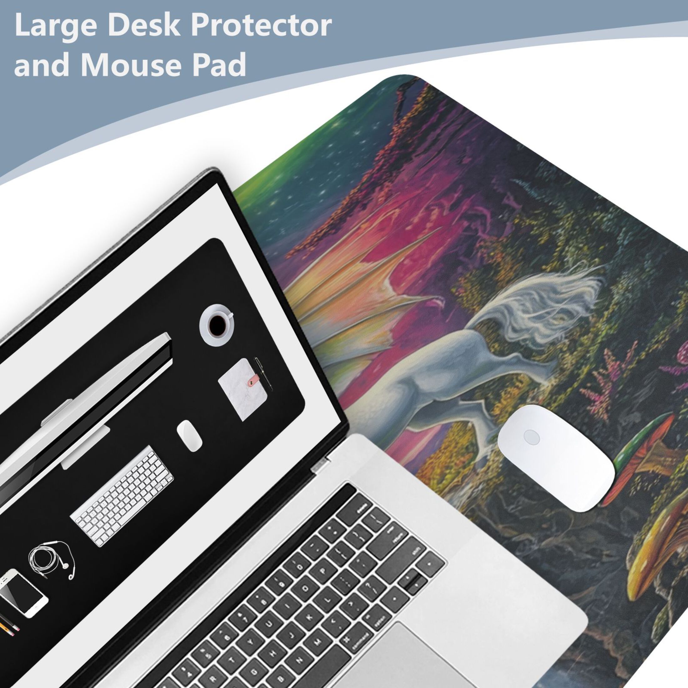 Leather Keyboard and Mouse Desk Mat Office Desk Accessories Protective Office Desk Decor Desk Pad Mat for Gaming, Work from Home, Office Green Dragon and White Unicorn 16.5" x 35.4"