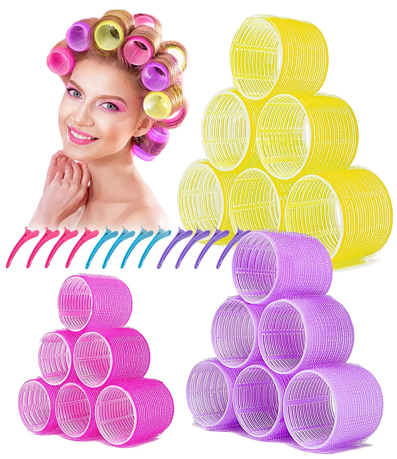 Hair Rollers Set, 18 Hair Rollers for Long Hair, 12 Clips for Long Hair