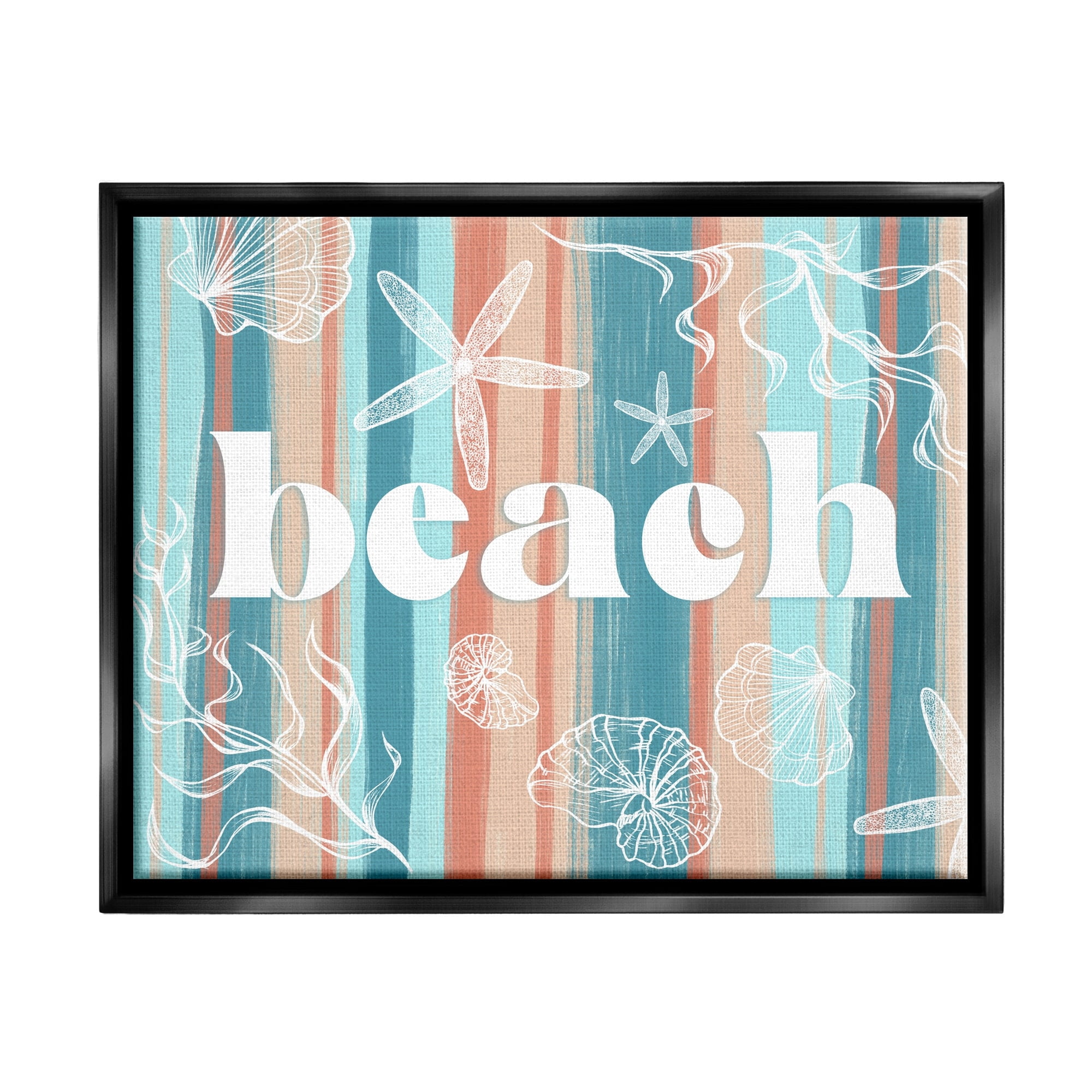 Stupell Industries Striped Beach Sign Various Sea Life Seaweed Coral Graphic Art Metallic Gold Floating Framed Canvas Print Wall Art, Design by Ziwei Li