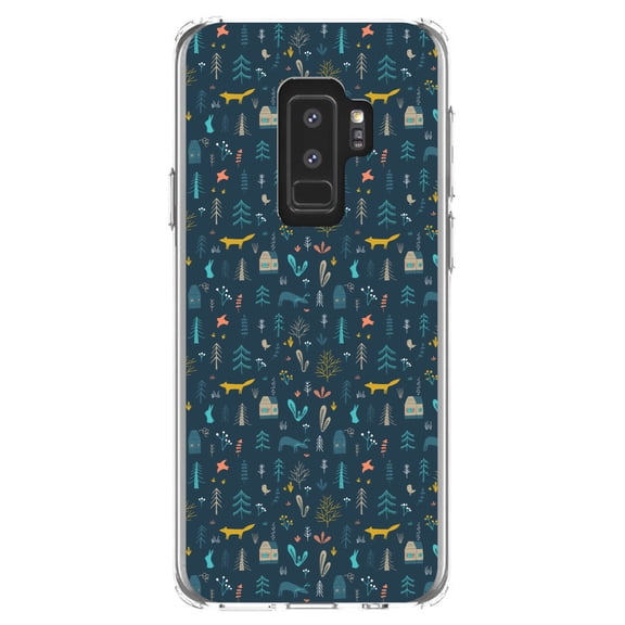 DistinctInk Clear Shockproof Hybrid Case for Samsung Galaxy S9  PLUS (6.2" Screen) - TPU Bumper, Acrylic Back, Tempered Glass Screen Protector - Modern Floral - Navy - House, Deer, Tree