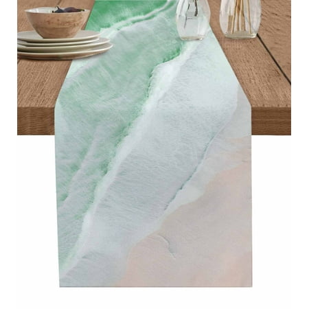 

Green Coastal Wave Table Runner Summer Modern Ocean Beach Tablerunners 13 x 90 Inch Table Decorations Tabletop Scarf for Summer Gathering Holiday Farmhouse Kitchen Dining Decor