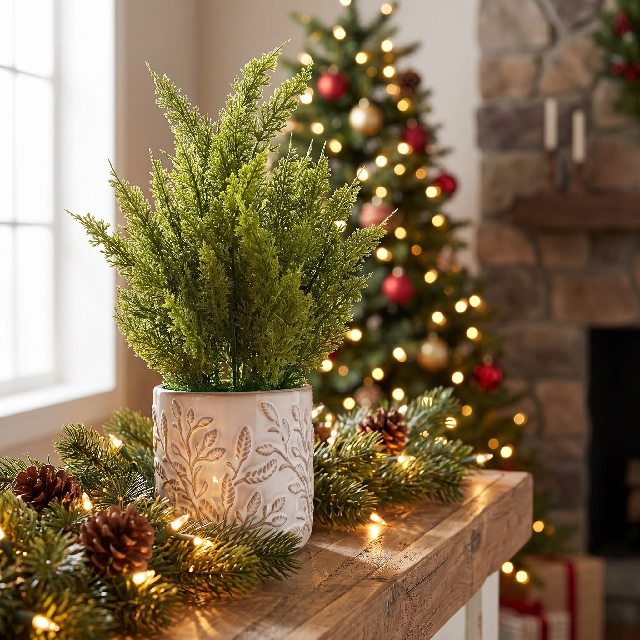 Greenery Christmas Arrangement in Ceramic Pot, Green and White, 16", by Holiday Time