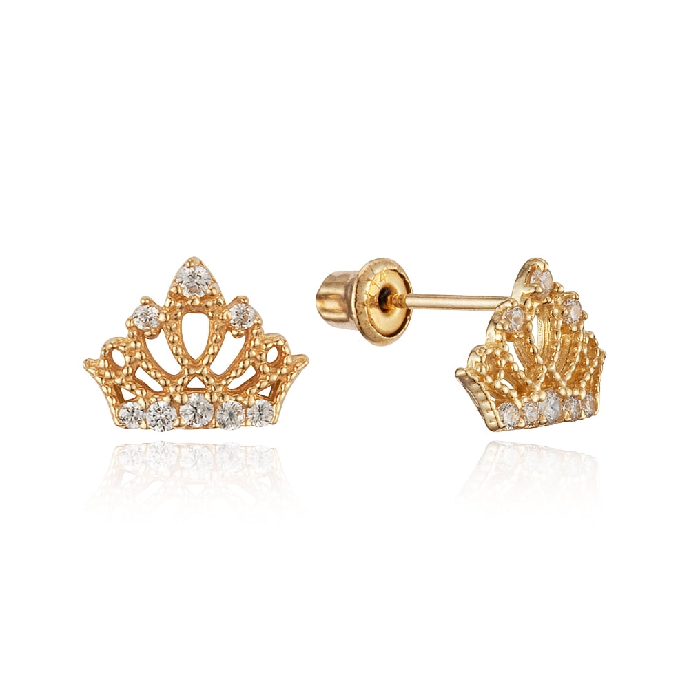 Cute Crown girls kid baby 14K gold filled Crown crystal security stud earrings 